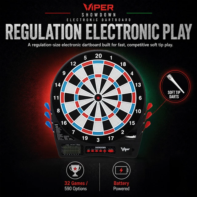 Alt view image 2 of 7 - Showdown Electronic Soft Tip Dart Board for Adults | 15.5 Inch Regulation Target Face, 32 Games, 590 Options, 1-8 Players, Battery Powered Cord Free, Automatic Scoring