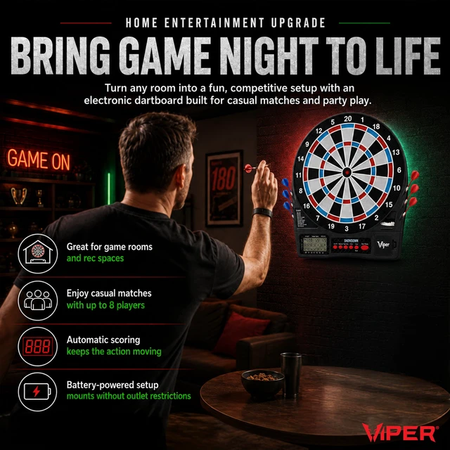 Alt view image 4 of 7 - Showdown Electronic Soft Tip Dart Board for Adults | 15.5 Inch Regulation Target Face, 32 Games, 590 Options, 1-8 Players, Battery Powered Cord Free, Automatic Scoring