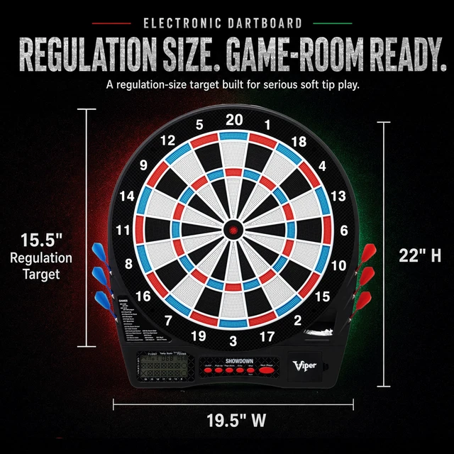 Alt view image 6 of 7 - Showdown Electronic Soft Tip Dart Board for Adults | 15.5 Inch Regulation Target Face, 32 Games, 590 Options, 1-8 Players, Battery Powered Cord Free, Automatic Scoring