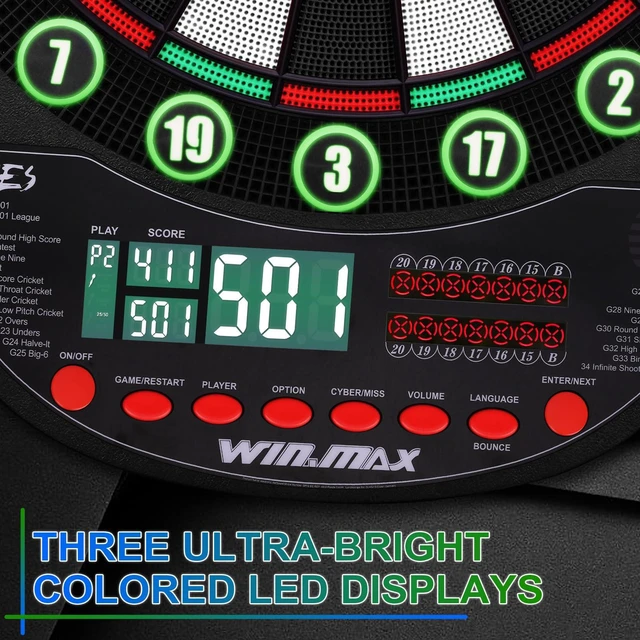 Alt view image 2 of 7 - Electronic Dart Board Automatic Scoring with 12 Soft Tip Darts | Low Bounce-Outs, 354 Game Variations,3 bright LED displays, In English/German/French, batteries or AC adapter; 8 Players