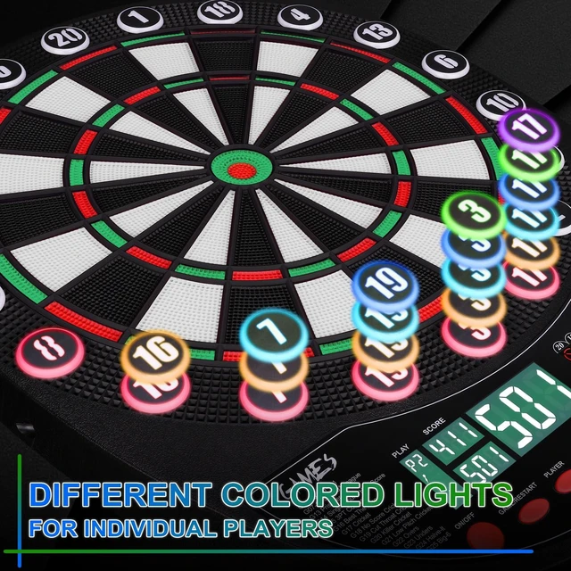Alt view image 3 of 7 - Electronic Dart Board Automatic Scoring with 12 Soft Tip Darts | Low Bounce-Outs, 354 Game Variations,3 bright LED displays, In English/German/French, batteries or AC adapter; 8 Players
