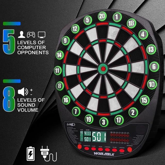 Alt view image 4 of 7 - Electronic Dart Board Automatic Scoring with 12 Soft Tip Darts | Low Bounce-Outs, 354 Game Variations,3 bright LED displays, In English/German/French, batteries or AC adapter; 8 Players