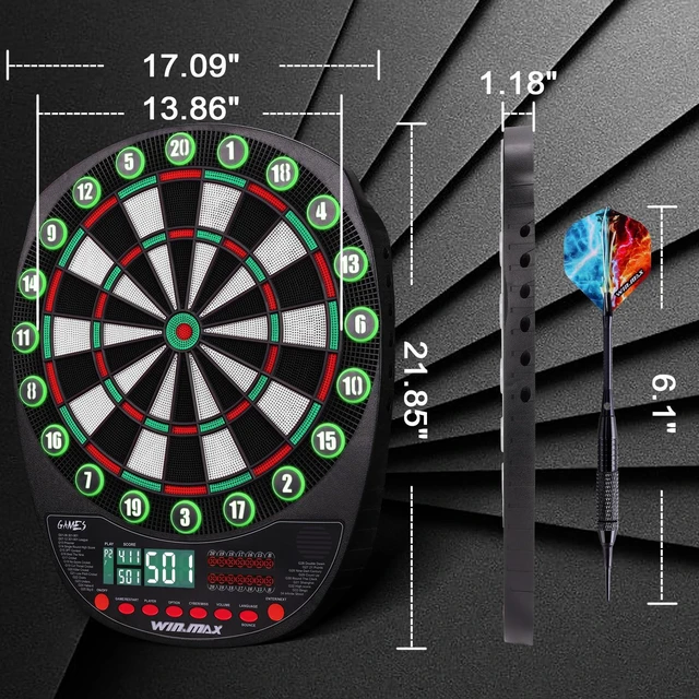Alt view image 5 of 7 - Electronic Dart Board Automatic Scoring with 12 Soft Tip Darts | Low Bounce-Outs, 354 Game Variations,3 bright LED displays, In English/German/French, batteries or AC adapter; 8 Players