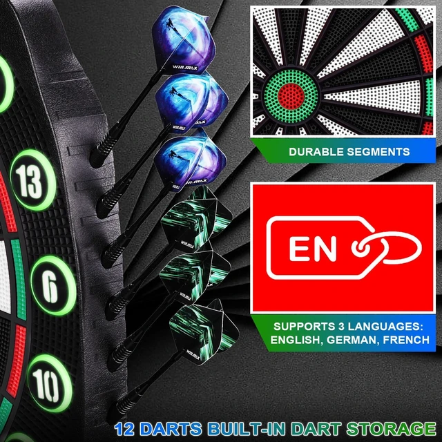 Alt view image 6 of 7 - Electronic Dart Board Automatic Scoring with 12 Soft Tip Darts | Low Bounce-Outs, 354 Game Variations,3 bright LED displays, In English/German/French, batteries or AC adapter; 8 Players