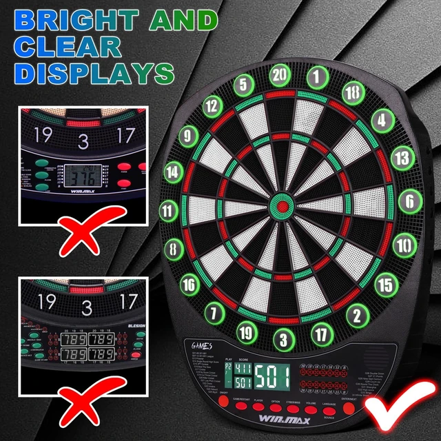 Alt view image 7 of 7 - Electronic Dart Board Automatic Scoring with 12 Soft Tip Darts | Low Bounce-Outs, 354 Game Variations,3 bright LED displays, In English/German/French, batteries or AC adapter; 8 Players