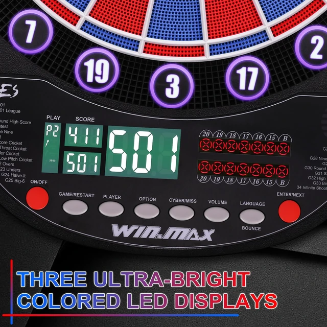 Alt view image 2 of 7 - Electronic Dart Board Automatic Scoring with 12 Soft Tip Darts | Low Bounce-Outs, 354 Game Variations,3 bright LED displays, In English/German/French, batteries or AC adapter; 8 Players