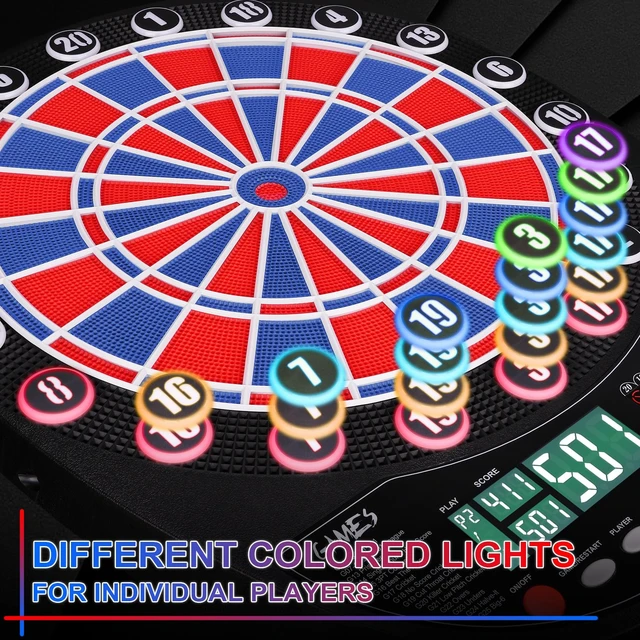 Alt view image 3 of 7 - Electronic Dart Board Automatic Scoring with 12 Soft Tip Darts | Low Bounce-Outs, 354 Game Variations,3 bright LED displays, In English/German/French, batteries or AC adapter; 8 Players
