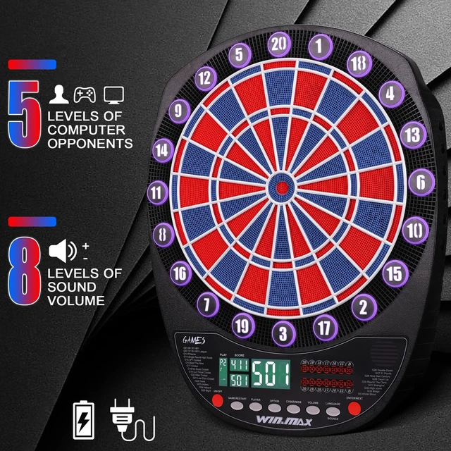 Alt view image 4 of 7 - Electronic Dart Board Automatic Scoring with 12 Soft Tip Darts | Low Bounce-Outs, 354 Game Variations,3 bright LED displays, In English/German/French, batteries or AC adapter; 8 Players