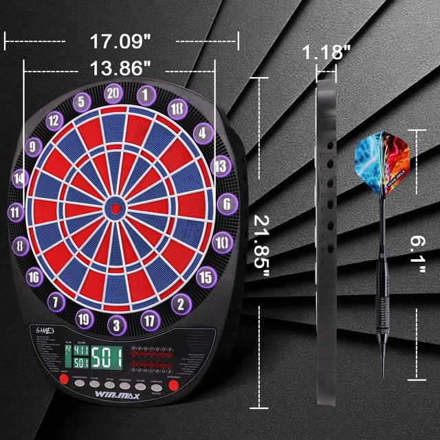 Alt view image 5 of 7 - Electronic Dart Board Automatic Scoring with 12 Soft Tip Darts | Low Bounce-Outs, 354 Game Variations,3 bright LED displays, In English/German/French, batteries or AC adapter; 8 Players