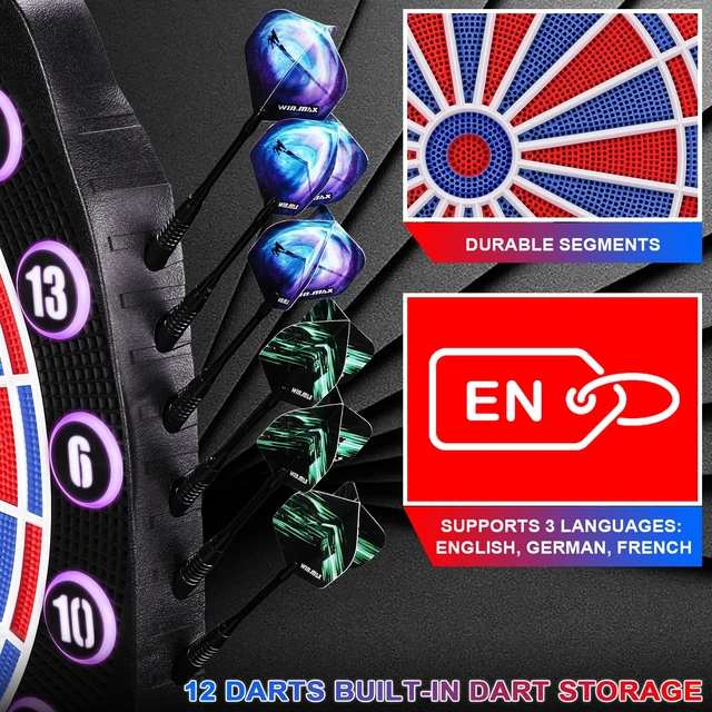 Alt view image 6 of 7 - Electronic Dart Board Automatic Scoring with 12 Soft Tip Darts | Low Bounce-Outs, 354 Game Variations,3 bright LED displays, In English/German/French, batteries or AC adapter; 8 Players