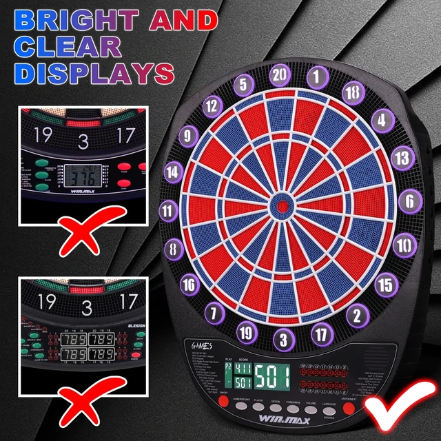 Alt view image 7 of 7 - Electronic Dart Board Automatic Scoring with 12 Soft Tip Darts | Low Bounce-Outs, 354 Game Variations,3 bright LED displays, In English/German/French, batteries or AC adapter; 8 Players