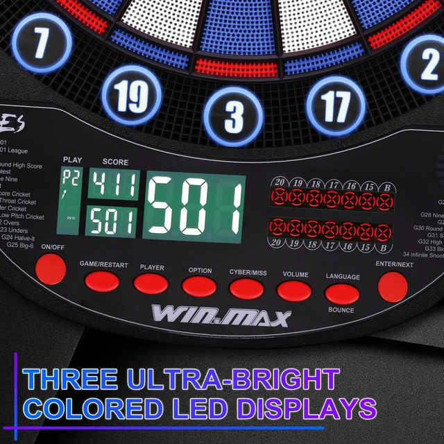 Alt view image 2 of 7 - Electronic Dart Board Automatic Scoring with 12 Soft Tip Darts | Low Bounce-Outs, 354 Game Variations,3 bright LED displays, In English/German/French, batteries or AC adapter; 8 Players