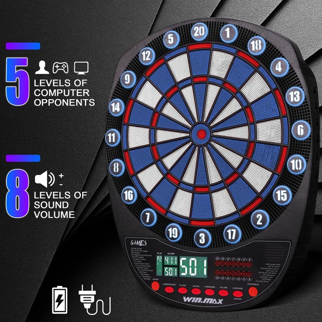 Alt view image 4 of 7 - Electronic Dart Board Automatic Scoring with 12 Soft Tip Darts | Low Bounce-Outs, 354 Game Variations,3 bright LED displays, In English/German/French, batteries or AC adapter; 8 Players