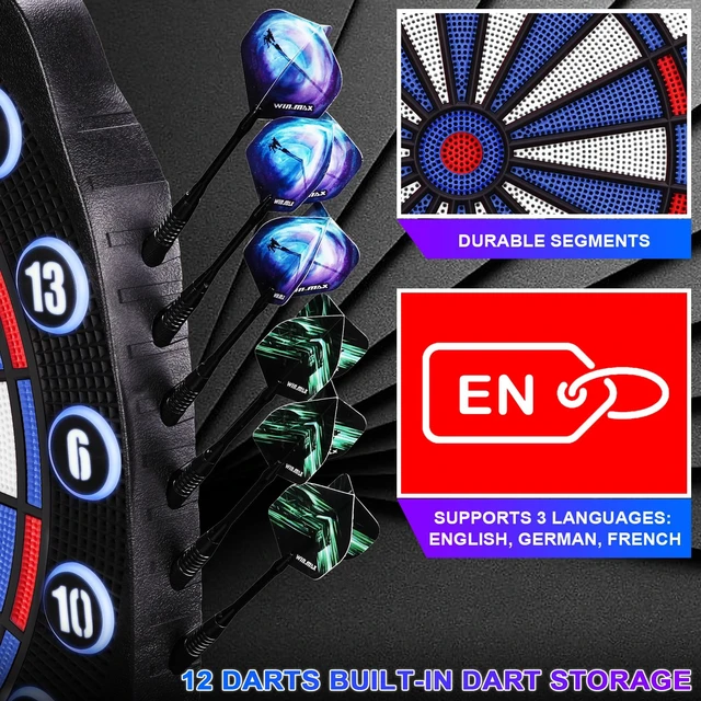 Alt view image 6 of 7 - Electronic Dart Board Automatic Scoring with 12 Soft Tip Darts | Low Bounce-Outs, 354 Game Variations,3 bright LED displays, In English/German/French, batteries or AC adapter; 8 Players
