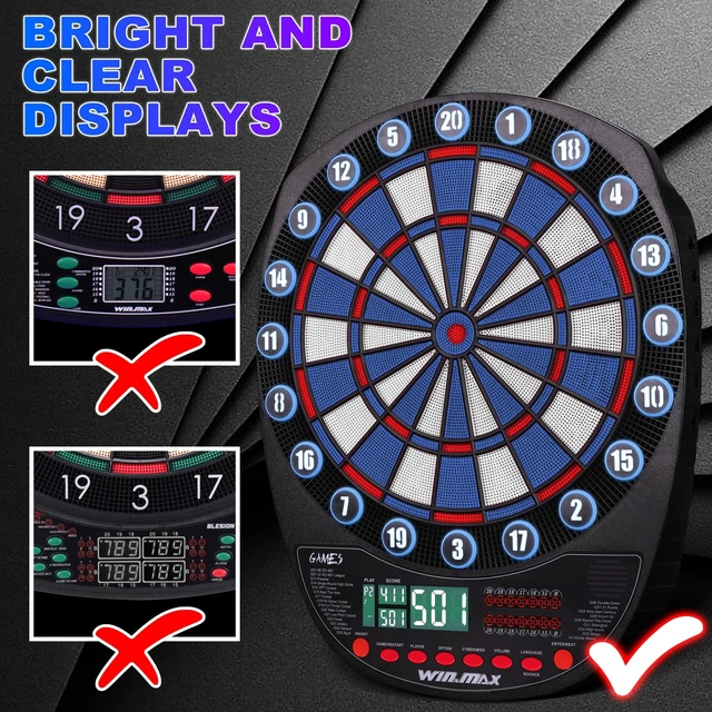 Alt view image 7 of 7 - Electronic Dart Board Automatic Scoring with 12 Soft Tip Darts | Low Bounce-Outs, 354 Game Variations,3 bright LED displays, In English/German/French, batteries or AC adapter; 8 Players