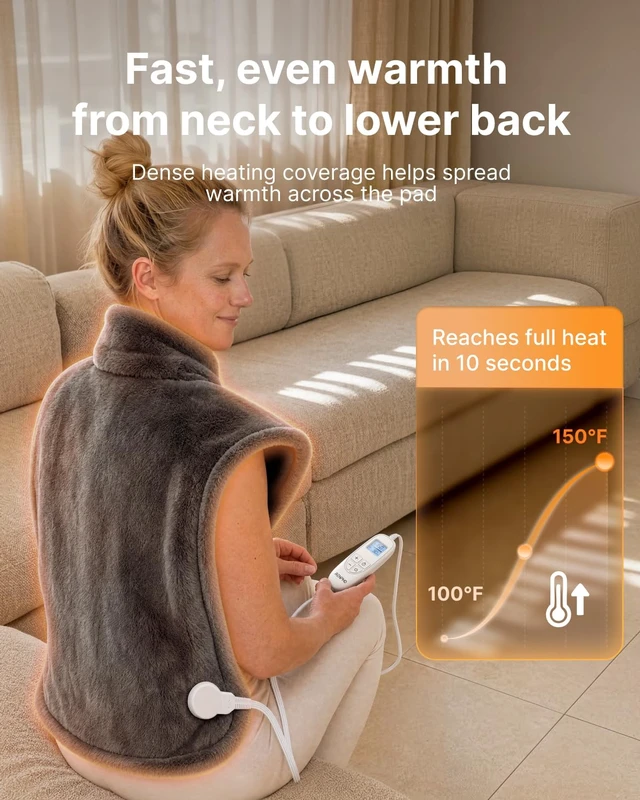 Alt view image 3 of 7 - Heating Pad for Back, Christmas Gift for Women, FSA Eligible HSA | Fits for Neck & Shoulders, 6 Heat Levels, Weighted for Snug Fit, ETL Certified, Birthday Gifts for Mom & Dad, 24 x 33", Gray