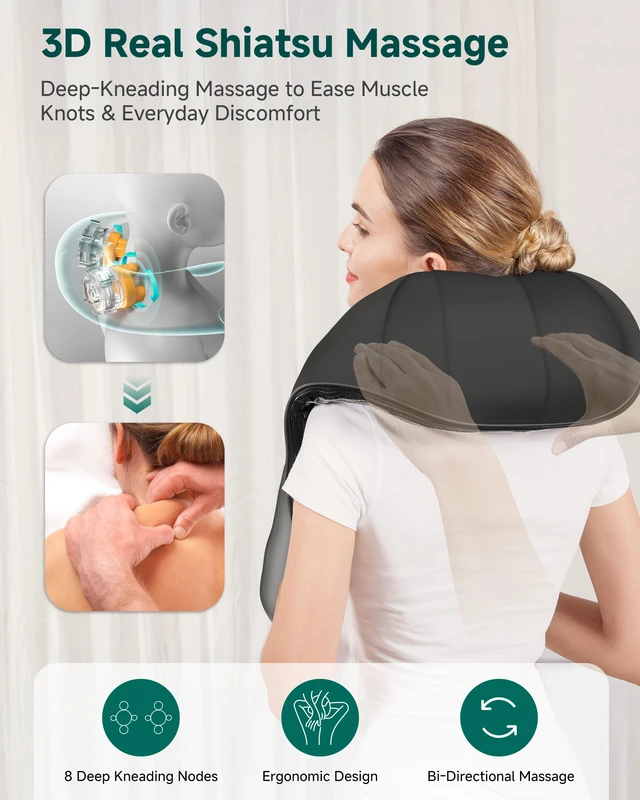 Alt view image 2 of 7 - Shiatsu Neck & Shoulder Massager with Heat, Deep Tissue Back Massager | FSA eligible item, 8 Rotating Kneading Nodes, Shoulder Cape, Soothing Heat, Thicker Premium PU Leather Gift for Her He