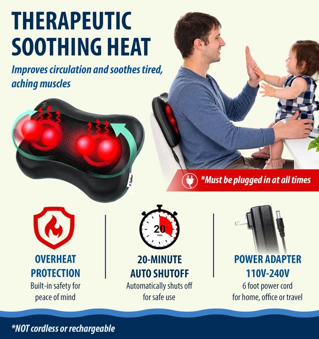 Alt view image 3 of 7 - ZMA-13 Back and Neck Massager with Heat for Pain Relief, Black | Doctor Recommended, Shiatsu, Deep Tissue, 3D Kneading, Muscle Therapy, Car Adapter, Corded Electric, UL 1647 Safety Certified
