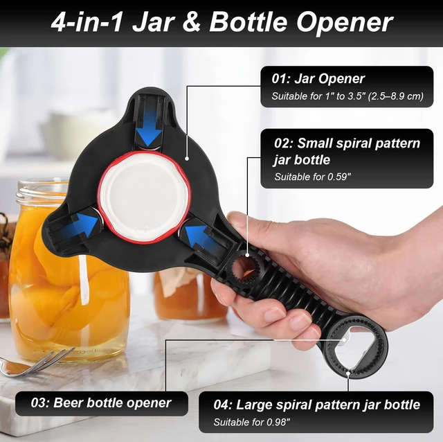Alt view image 4 of 7 - 2026 Upgraded 4-in-1 Jar Opener for Seniors Adjustable | Stainless Steel Lid Opener with Handle, Includes Hook & storage bag , Can Opener for Arthritis and Weak Hands