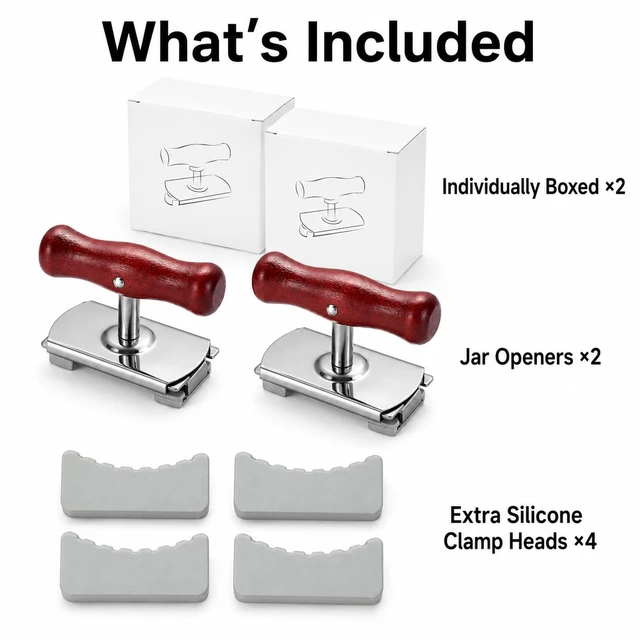 Alt view image 6 of 6 - 2 Pack Jar Opener for Seniors, Weak Hands and Bottle Caps | Adjustable stainless steel jar lid opener fits 0.39 to 4.01 in lids; 2 pack with wood handles for home kitchen use