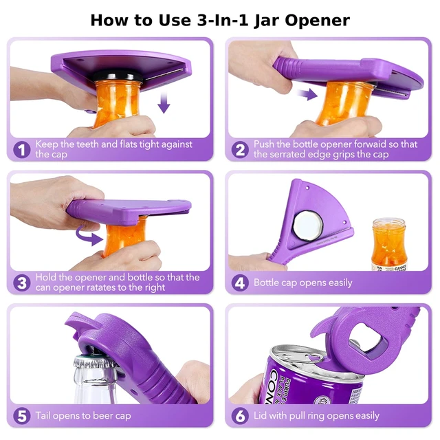 Alt view image 2 of 7 - Jar Bottle Opener for Weak Hands, 3-In-1 for Twist-on Lid, Beer Cap and Pull-Tab Can, Easy Grip 0.6-5.5 Inch Cap No Slipping, Kitchen Gadget, Mason Sauce Mom Baby Food, Seniors Mother Father Gifts