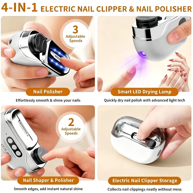 Alt view image 5 of 7 - Electric Nail Clipper, 4 in 1 Electric Nail Trimmer with Light and Nail Scraps Storage, 3 Adjustable Speeds, for Seniors, Women, Men (Black)