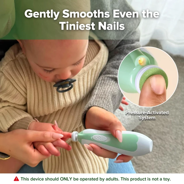 Alt view image 2 of 7 - Electric Baby Nail File, LED Light Baby Nail Trimmer, Green | Electric Baby Nail Care Set With 6 Replacement Heads, Storage Case, Quiet Motor and Safety Control for the Whole Family