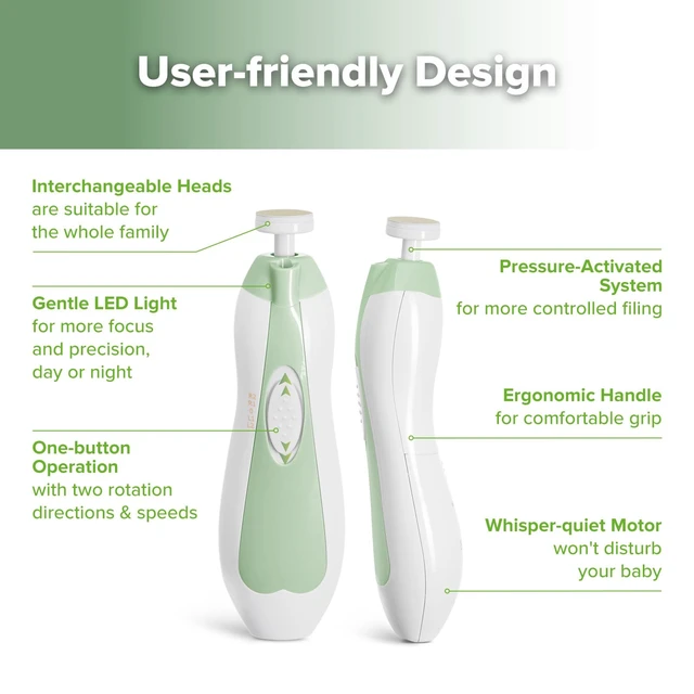 Alt view image 4 of 7 - Electric Baby Nail File, LED Light Baby Nail Trimmer, Green | Electric Baby Nail Care Set With 6 Replacement Heads, Storage Case, Quiet Motor and Safety Control for the Whole Family