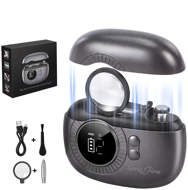 Main image of Electric Nail Clipper, 3-in-1 Nail Trimmer with LED & Magnifier (Black) | Electric nail care for adults & seniors with trimming, shaping and polishing, plus LED light, magnifier and Type-C charging.