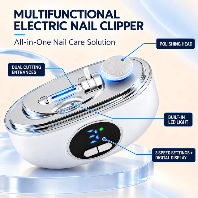 Alt view image 2 of 7 - Electric Nail Clipper Upgraded 3-in-1 Automatic Nail Trimmer with LED Light,Automatic Nail Clipper with Nail Debris Storage Rechargeable Electric Nail Clippers for Seniors and Everyday Nail Care White
