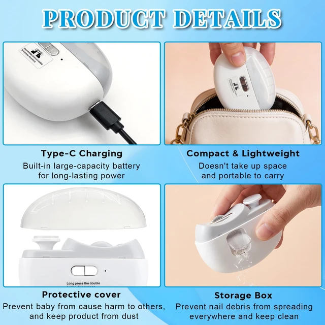 Alt view image 6 of 7 - Electric Nail Clippers for Seniors & Adults,USB Rechargeable Automatic Nail Clipper Cutter with Polisher,LED Light & Nail File,2 Speed Smart Auto Fingernail Toenail Nail Trimmer for Women Men White