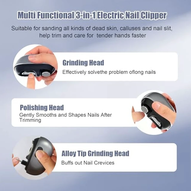 Alt view image 2 of 7 - Electric Nail Clippers for Seniors & Adults, 3-in-1 Automatic Nail Trimmer | Baby Electric Nail Clipper with LED Light & Nail Scraps Storage, Automatic Nail Trimmer for Toenails & Fingernails, Grey