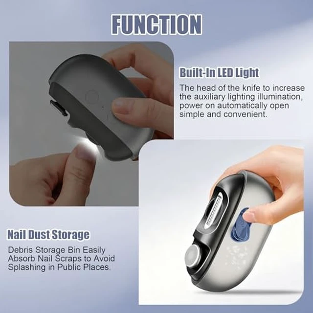 Alt view image 4 of 7 - Electric Nail Clippers for Seniors & Adults, 3-in-1 Automatic Nail Trimmer | Baby Electric Nail Clipper with LED Light & Nail Scraps Storage, Automatic Nail Trimmer for Toenails & Fingernails, Grey