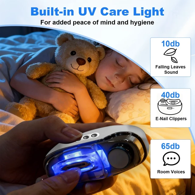Alt view image 2 of 7 - 3-Speed Electric Nail Clipper with UV Light, 2-in-1 Automatic Nail Trimmer | Electric Nail Trimmer for Seniors & Adults, Baby USB Charging Nail Clipper with Light & Nail Scraps Storage, Silvery