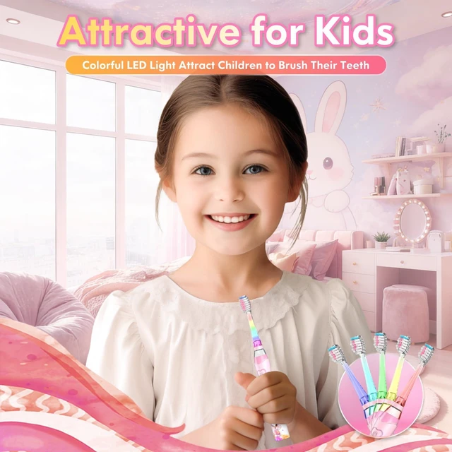 Alt view image 2 of 6 - Kids Electric Toothbrush Toddler Toothbrush Age 2-4-8-12 Girls Electric Toothbrush with Timer Rainbow LED Light Up Vibrating Toothbrush Battery Operated Childrens Sonic Tooth Brush (Rabbit Pink)