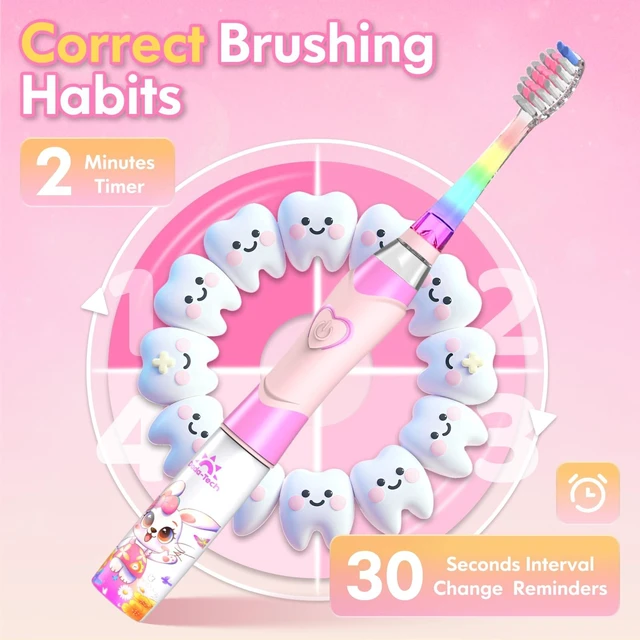 Alt view image 6 of 6 - Kids Electric Toothbrush Toddler Toothbrush Age 2-4-8-12 Girls Electric Toothbrush with Timer Rainbow LED Light Up Vibrating Toothbrush Battery Operated Childrens Sonic Tooth Brush (Rabbit Pink)