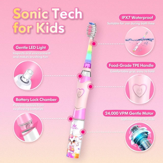 Alt view image 4 of 6 - Kids Electric Toothbrush Toddler Toothbrush Age 2-4-8-12 Girls Electric Toothbrush with Timer Rainbow LED Light Up Vibrating Toothbrush Battery Operated Childrens Sonic Tooth Brush (Rabbit Pink)