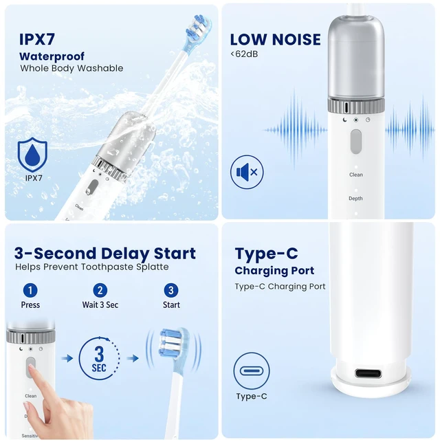 Alt view image 7 of 7 - Sonic Electric Toothbrush for Adults, 42,000 VPM, 4 Modes | 4 Brush Heads, Smart Timer, Rechargeable, IPX7 Waterproof, Type-C Charging, Long Battery Life for Home, Travel & School