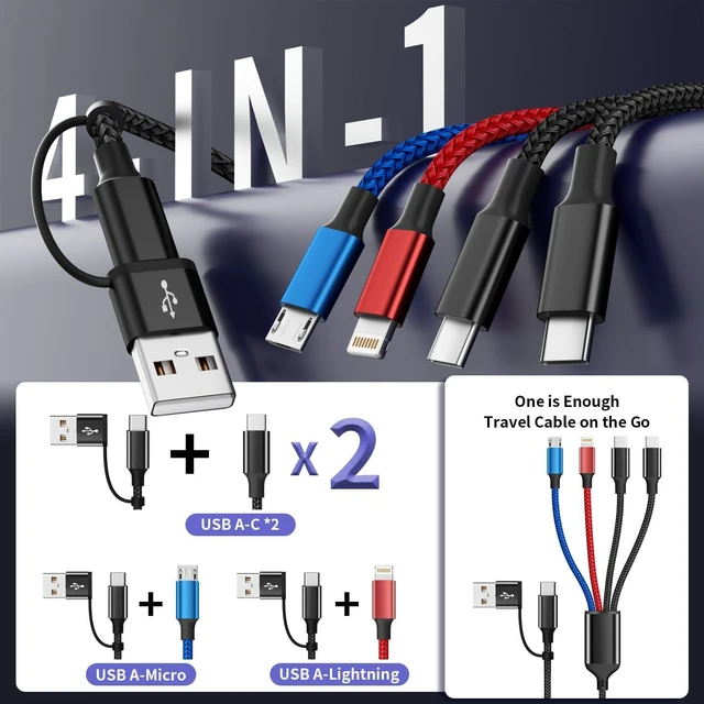 Alt view image 9 of 14 - Travel 4 in 2 Charging Cable with Dual Type-C Port USBA/C Multi Charging Cable for Multiple Devices Tinned Copper Charger Cord for iPhone17-8 Android Tablet Pad Christmas Gift (2Packs 5FT)