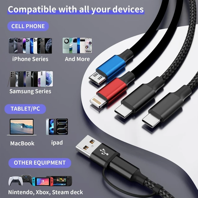 Alt view image 14 of 14 - Travel 4 in 2 Charging Cable with Dual Type-C Port USBA/C Multi Charging Cable for Multiple Devices Tinned Copper Charger Cord for iPhone17-8 Android Tablet Pad Christmas Gift (2Packs 5FT)