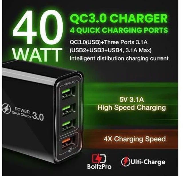 Alt view image 10 of 14 - Ulti Charger 4 Ports with Quick Charger Boltz Pro Lightning Fast Charger Fast Charging Block for Smart Phones Tablets Devices with Multiple Ports | Wall Charge for Travel & Home
