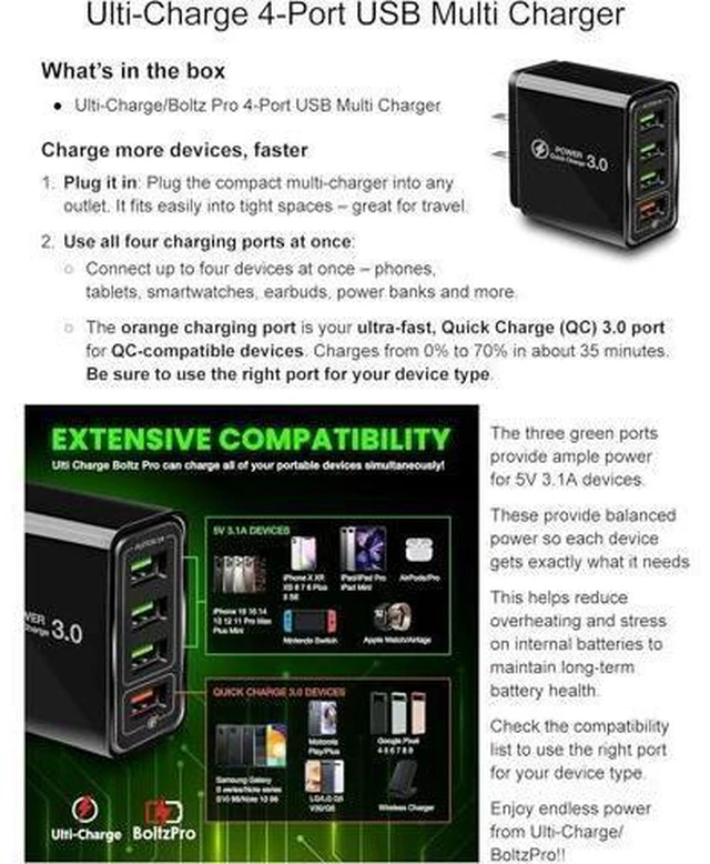 Alt view image 12 of 14 - Ulti Charger 4 Ports with Quick Charger Boltz Pro Lightning Fast Charger Fast Charging Block for Smart Phones Tablets Devices with Multiple Ports | Wall Charge for Travel & Home