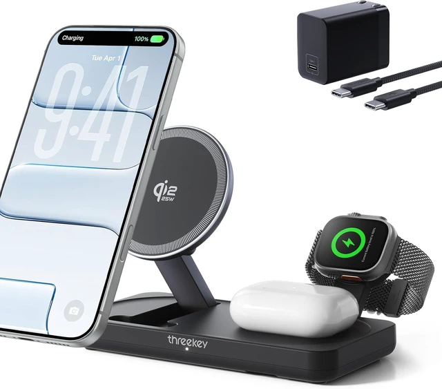 Alt view image 8 of 14 - MFi Certified by 3-in-1 Charging Station Qi2 25W Fast MagSafe Charger Wireless Charger Stand for iPhone 12-17 Series Watch & AirPods(45W Adapter Included)