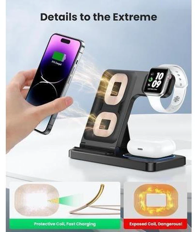 Alt view image 9 of 14 - 3 in 1 Wireless Charger for iphone 16 15 14 13 12 11 XR 8 Charging Station for Watch 10/9/Ultra/8/7/SE/6/5/4 & AirPods Series Wireless Charging Station for Multiple Devices