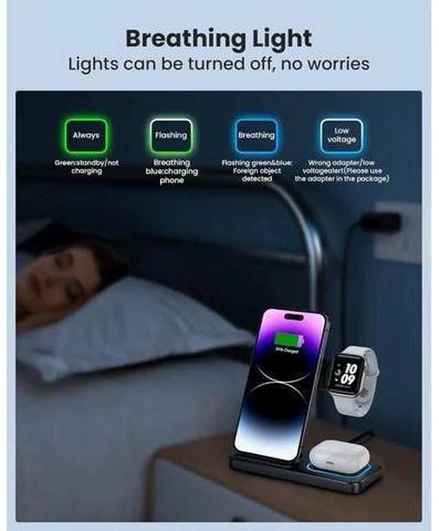 Alt view image 14 of 14 - 3 in 1 Wireless Charger for iphone 16 15 14 13 12 11 XR 8 Charging Station for Watch 10/9/Ultra/8/7/SE/6/5/4 & AirPods Series Wireless Charging Station for Multiple Devices