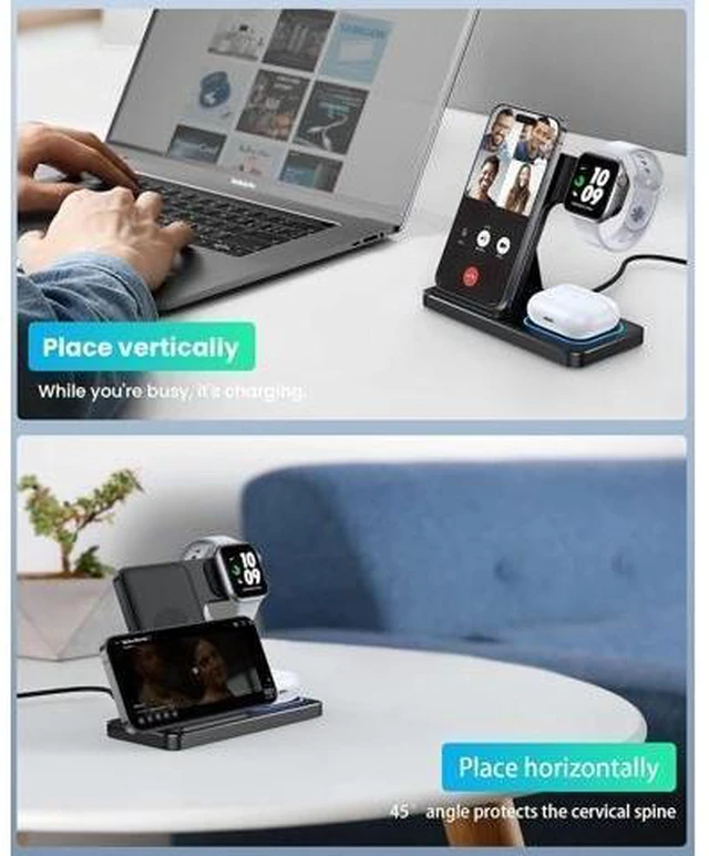 Alt view image 13 of 14 - 3 in 1 Wireless Charger for iphone 16 15 14 13 12 11 XR 8 Charging Station for Watch 10/9/Ultra/8/7/SE/6/5/4 & AirPods Series Wireless Charging Station for Multiple Devices