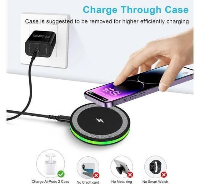 Alt view image 14 of 14 - Wireless Fast Charger Android Phone Charging Pad Wireless Charging Station for Galaxy S25 Ultra S25 Plus S24 S23 S22 S21 S20 S10 iPhone 17 Pro Max Plus 16 15 with QC 3.0 Power Adapter