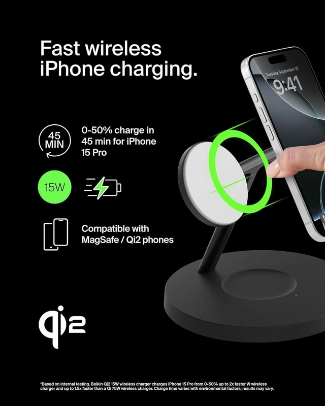 Alt view image 10 of 14 - MagSafe-Compatible Charger 3-in-1 Wireless Charging Station Qi2-Certified 15W Wireless Charge for iPhone 17 Series Watch AirPods w/Non-Slip Base 40W Included - Black