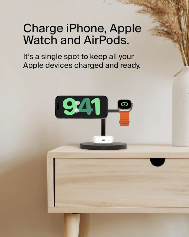 Alt view image 9 of 14 - MagSafe-Compatible Charger 3-in-1 Wireless Charging Station Qi2-Certified 15W Wireless Charge for iPhone 17 Series Watch AirPods w/Non-Slip Base 40W Included - Black