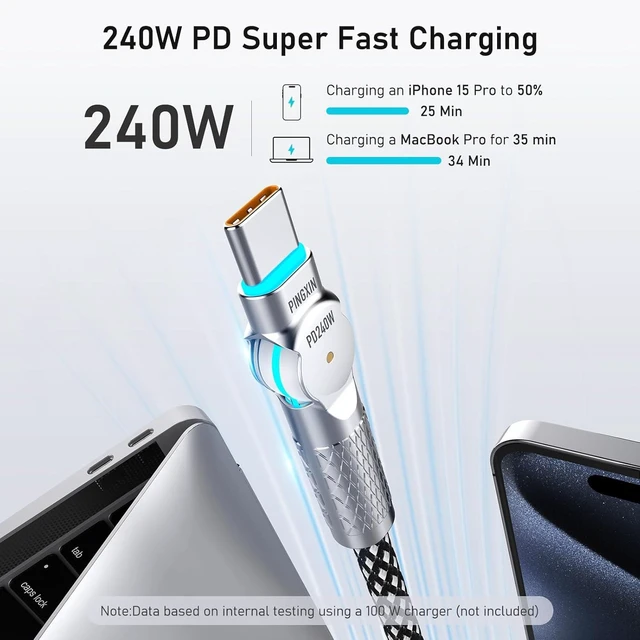 Alt view image 9 of 14 - USB C to USB C Cable10ft 240W 2-Pack Braided 180Rotating Type C Charging CableFast Charge for iPhone 16/16Pro/16Plus/16ProMax MacBook Air iPad Pro Pixel Galaxy S23/S24 Ultra-Black